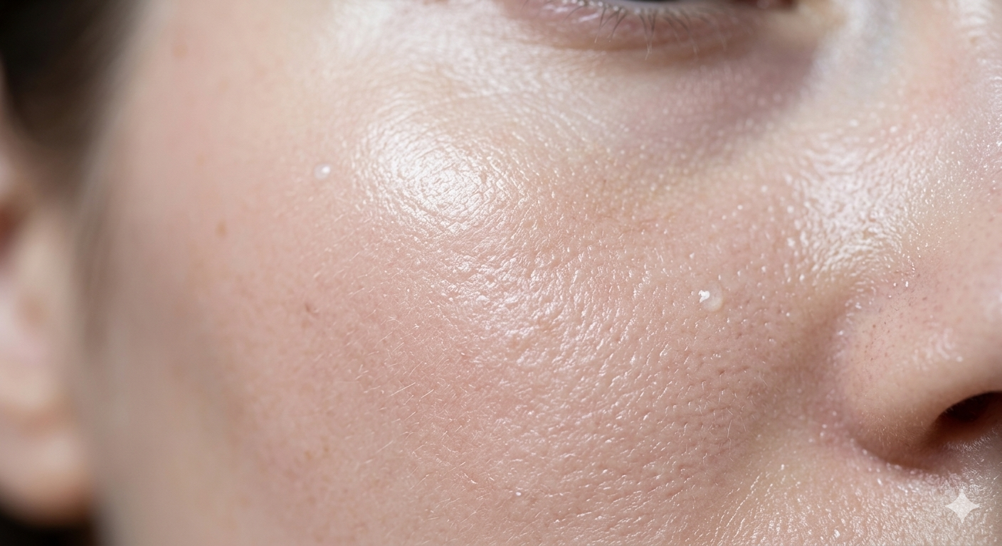 Close-up of healthy, hydrated glass skin texture showing a repaired skin barrier.