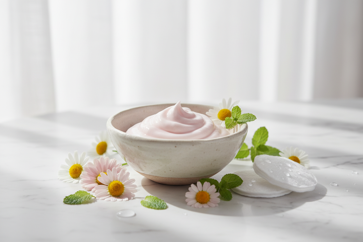 Soothing pastel skincare scene with gentle barrier repair products, ceramide cream, and calming botanical elements representing over-exfoliated skin recovery