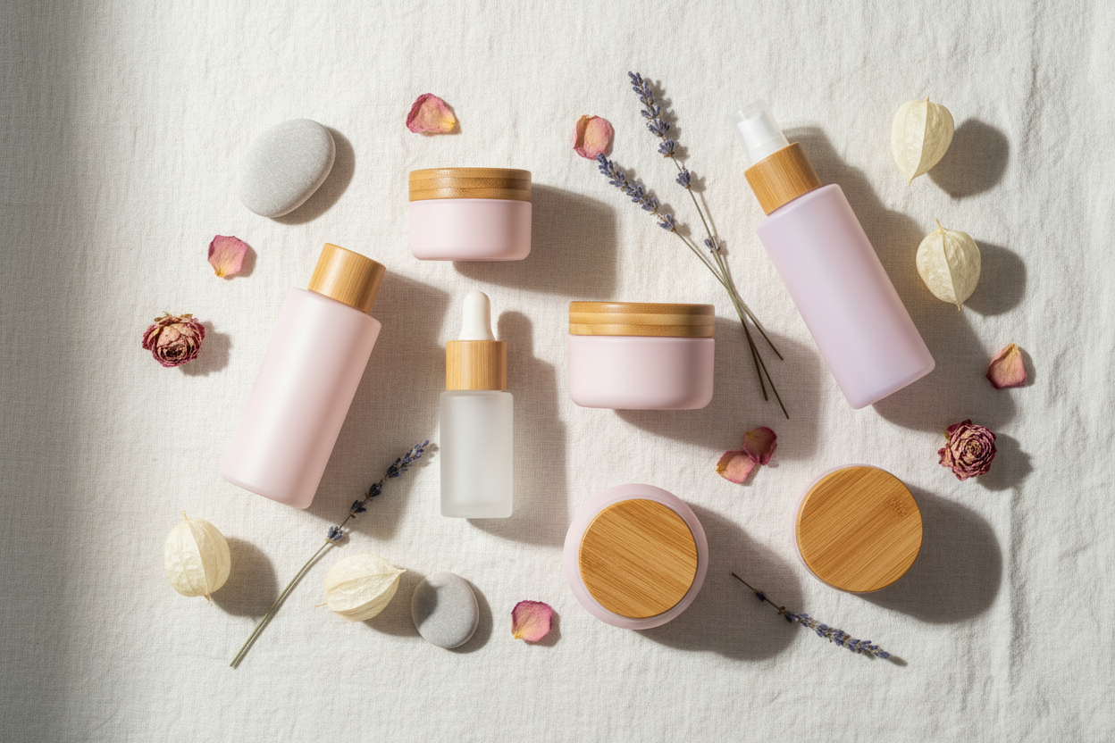Soft pastel skincare flat lay with dried botanicals and clean textures representing skin barrier, hydration, and moisturization concepts