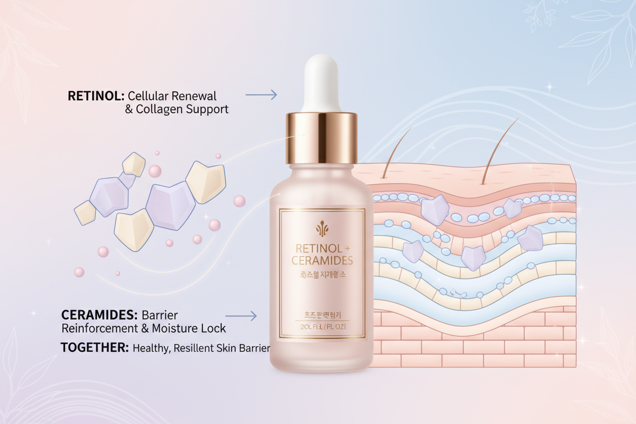 Retinol and ceramides working together to support skin barrier health in Korean skincare routine