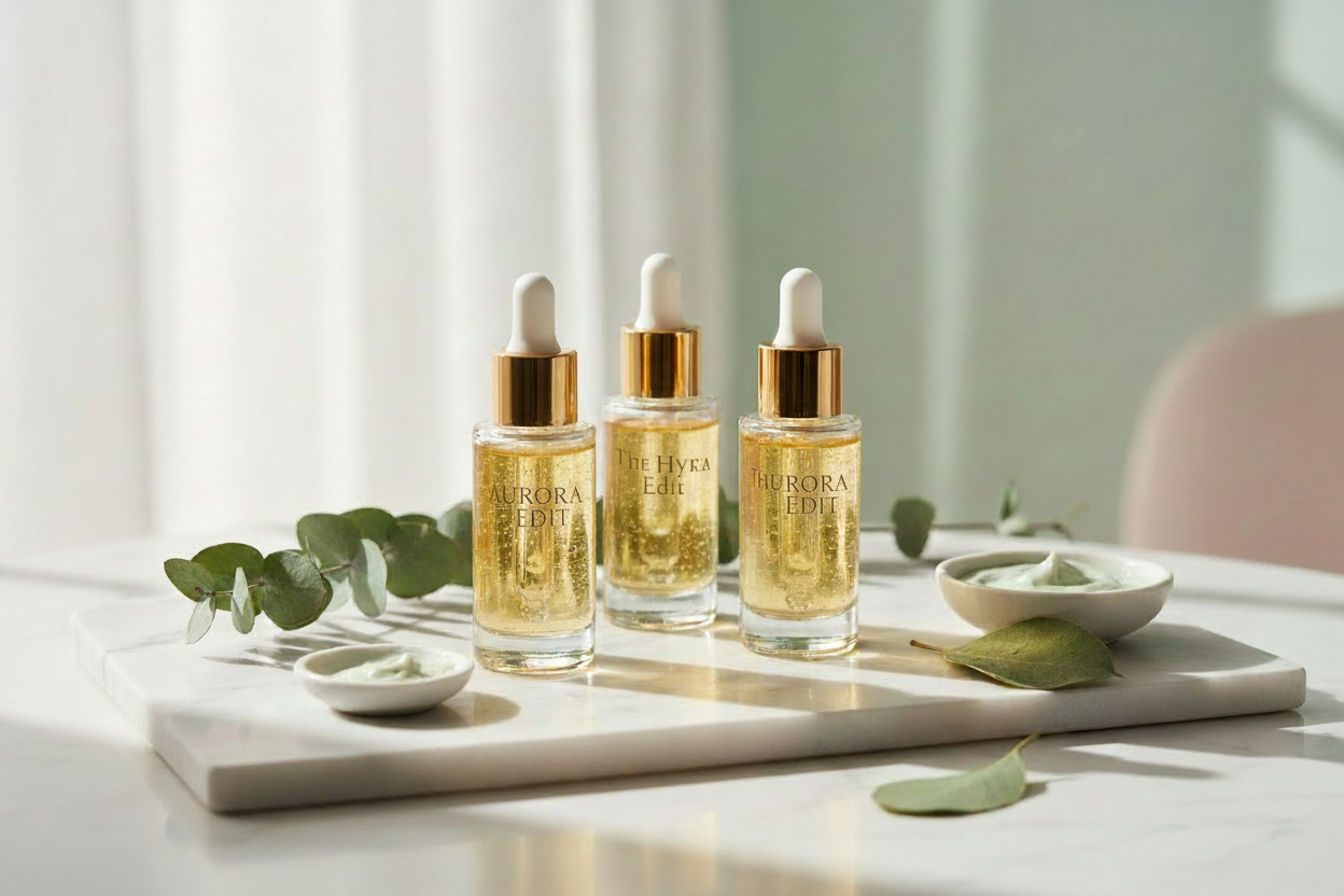Luxury Korean skincare serums from The Hyra Edit featuring barrier repair ingredients like ceramides and niacinamide on marble surface