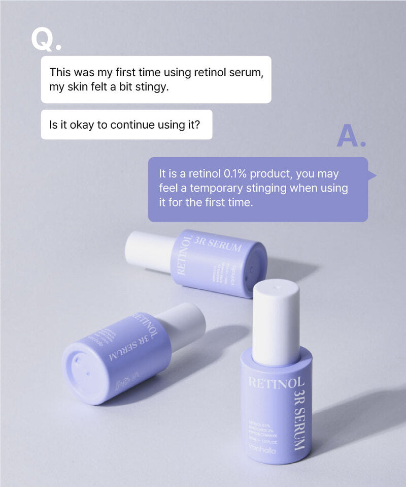Q&A: first use may tingle; Retinol 3R Serum 0.1% guidance with three lilac bottles on set