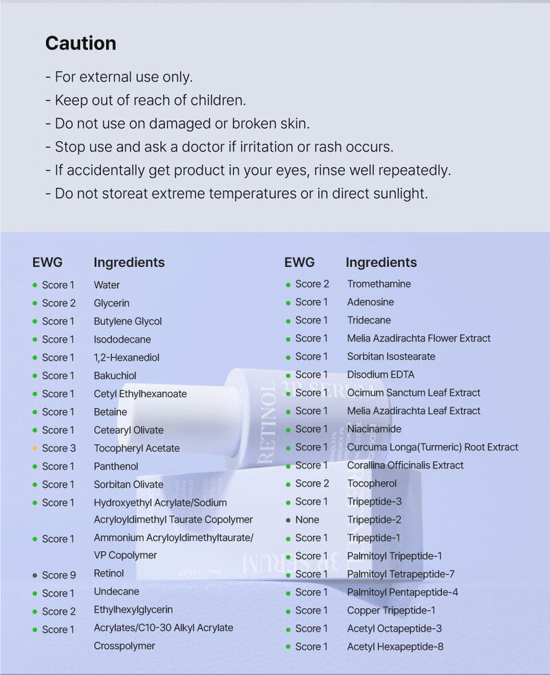 Vanhalla Retinol 3R Serum—caution panel and full ingredient list with EWG safety scores; external use only and irritation guidance.