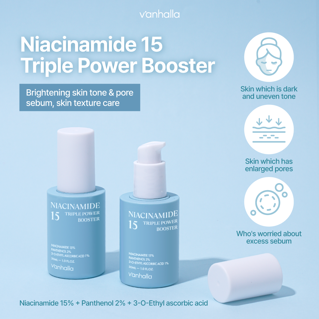 Niacinamide 15 Triple Power Booster—brightens uneven tone, targets enlarged pores and excess sebum; two blue bottles