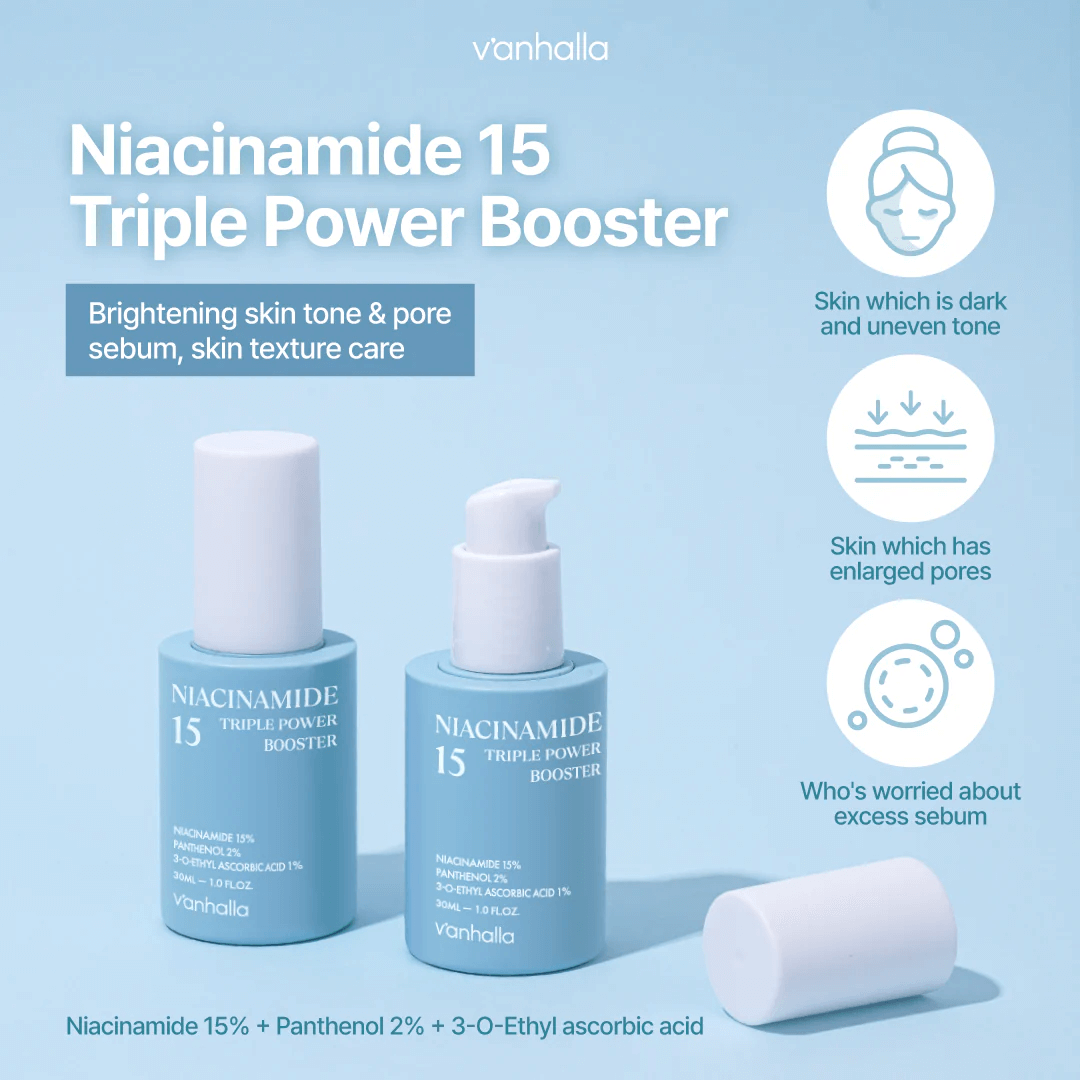 Niacinamide 15 Triple Power Booster—brightens uneven tone, targets enlarged pores and excess sebum; two blue bottles