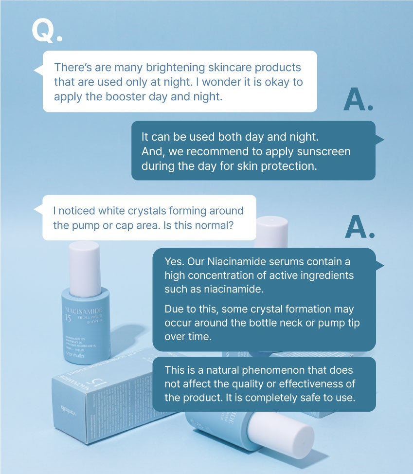 Q&A graphic—booster can be used day and night (use sunscreen); harmless crystal formation may appear around pump over time