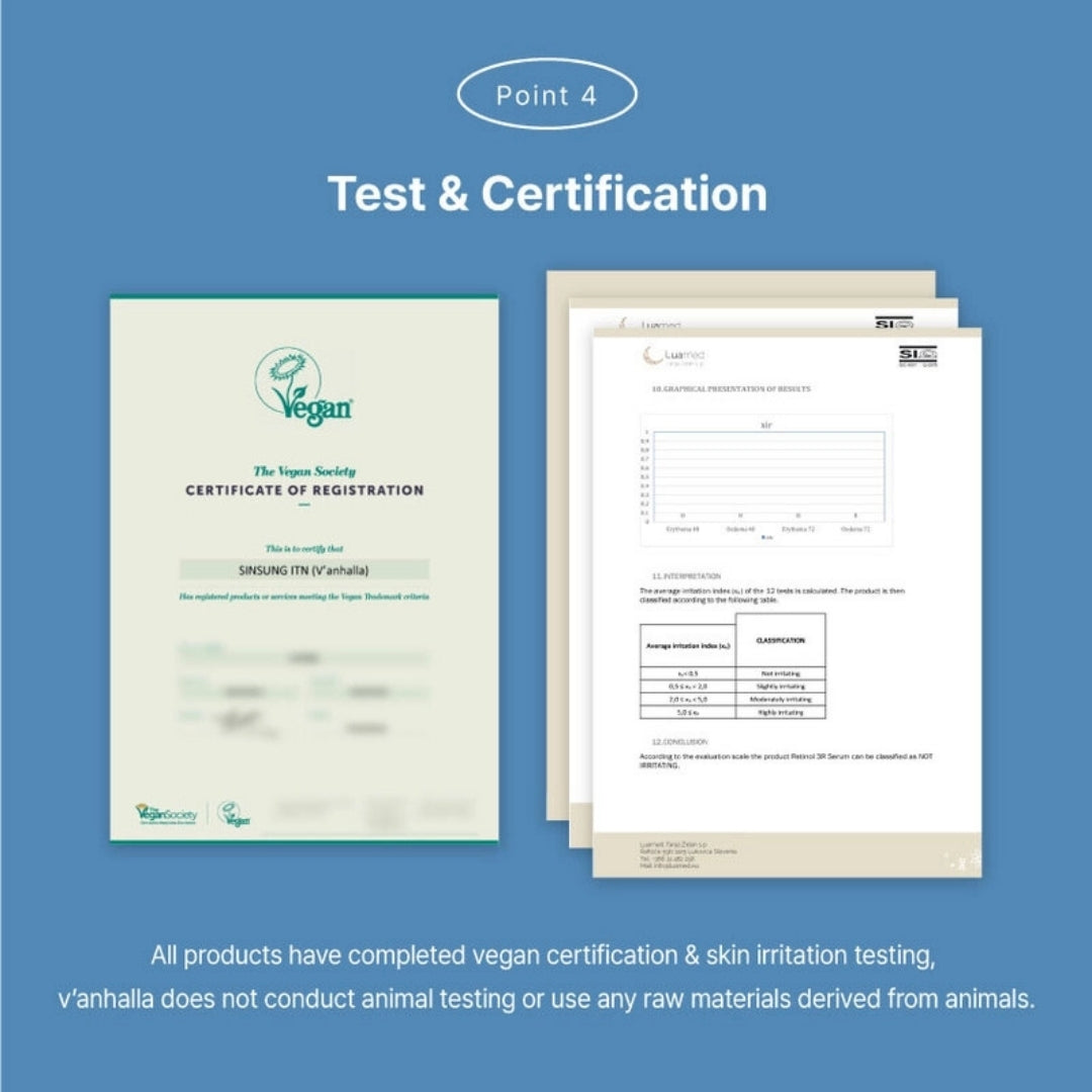 Test & certification—Vegan Society certificate and skin-irritation test reports for Vanhalla skincare.
