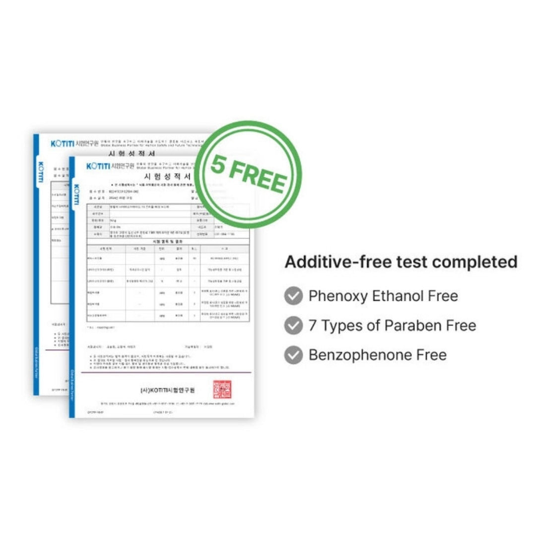 Additive-free test completed—documents showing phenoxyethanol-free, 7 types of parabens-free, benzophenone-free.