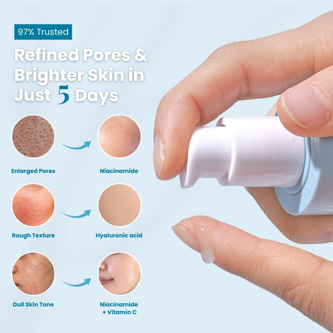 Close-up pump of Niacinamide 15; claim: refined pores and brighter skin in 5 days with niacinamide and hyaluronic acid