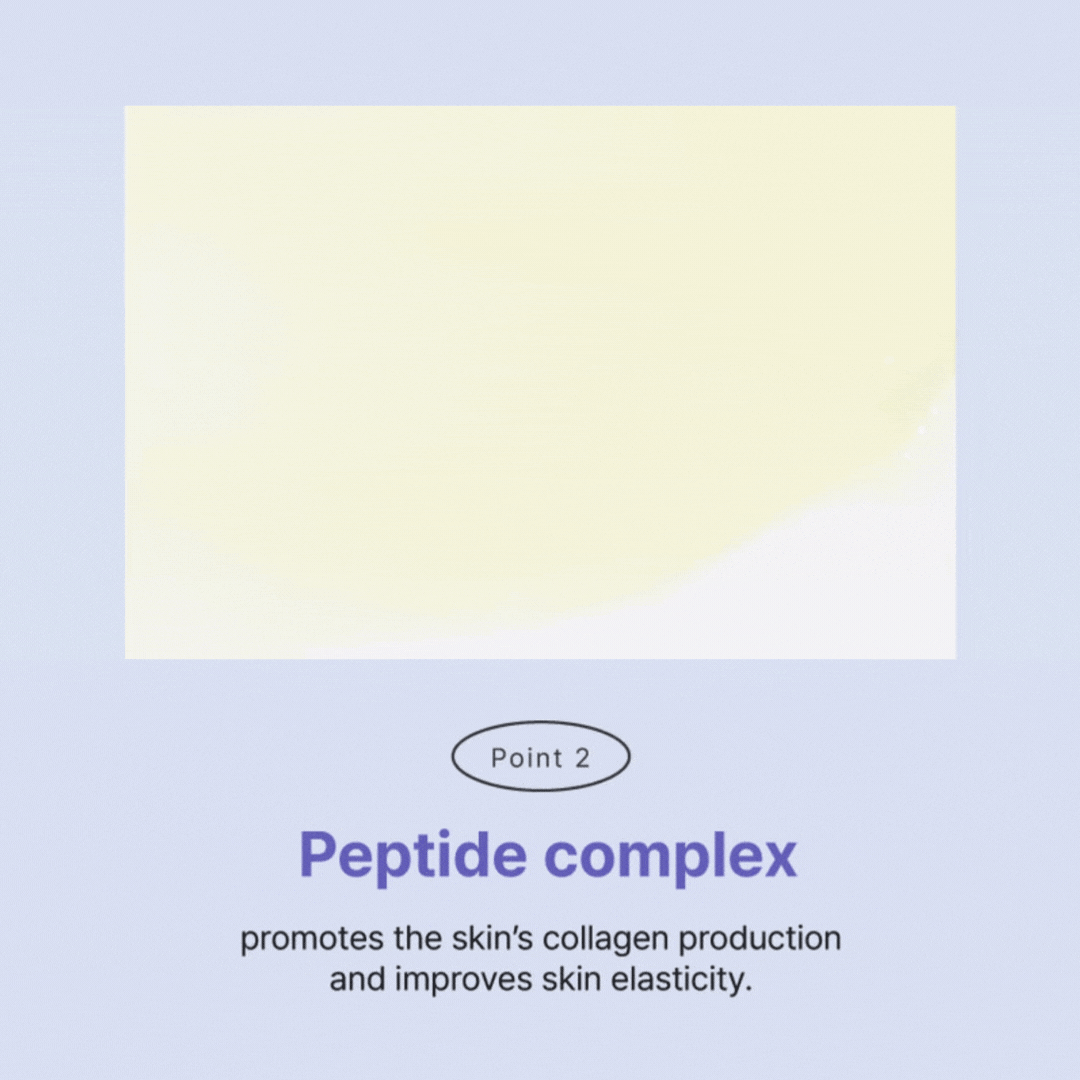 Point 2—peptide complex supports skin elasticity and smoothness; cream-yellow texture swatch.