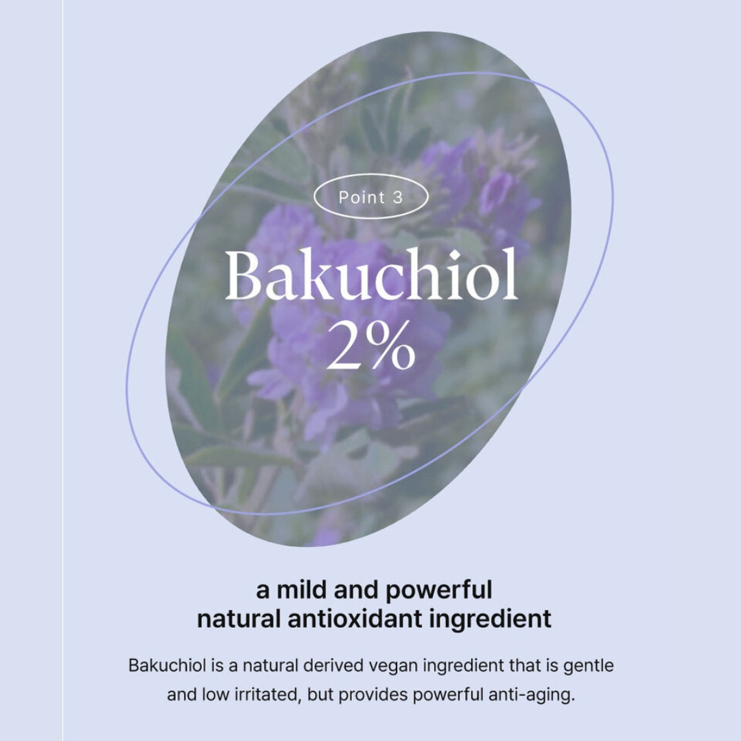 Point 3—bakuchiol 2% gentle vegan antioxidant for anti-aging; purple floral backdrop