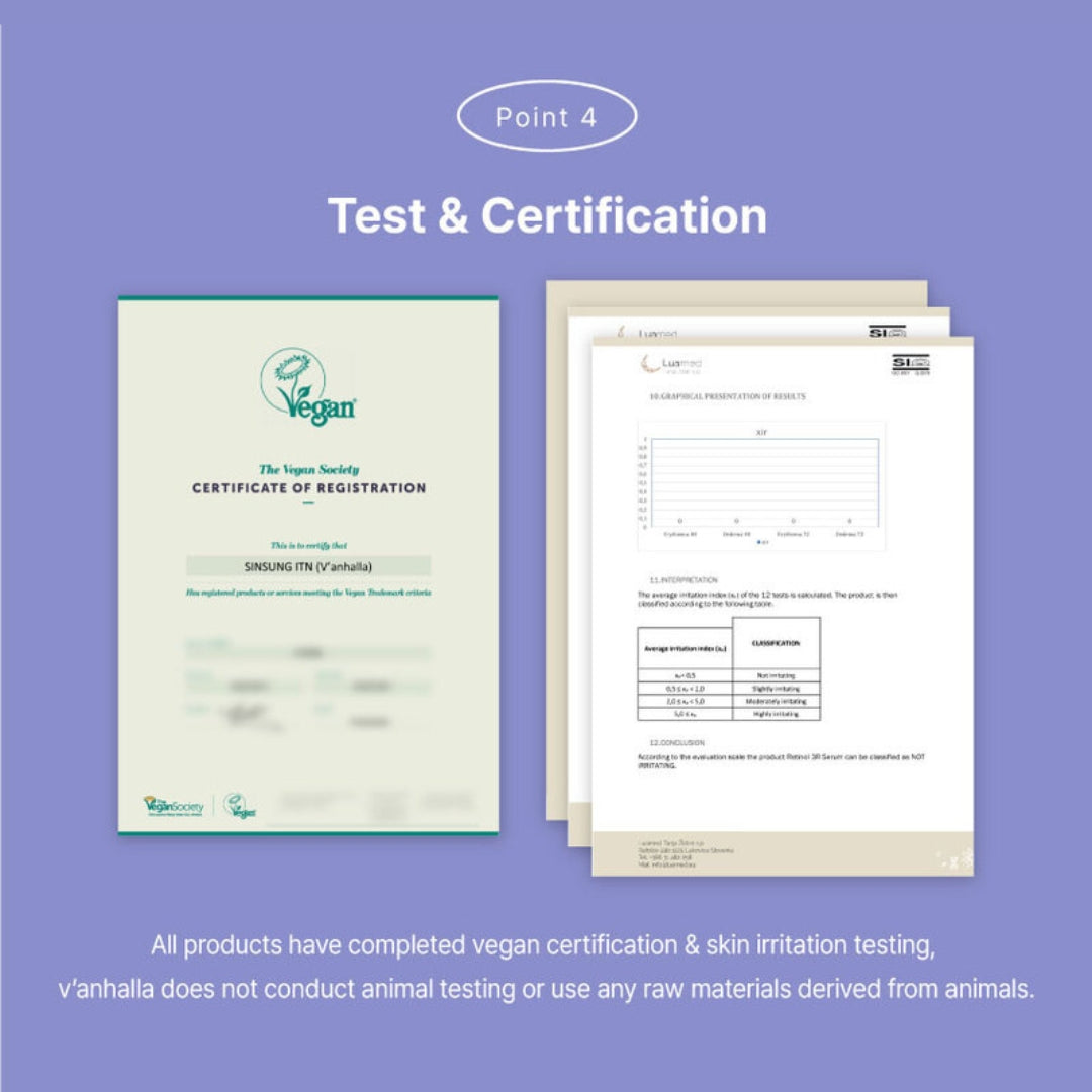 Test & certification—Vegan Society certificate and skin-irritation testing for Retinol 3R Serum.