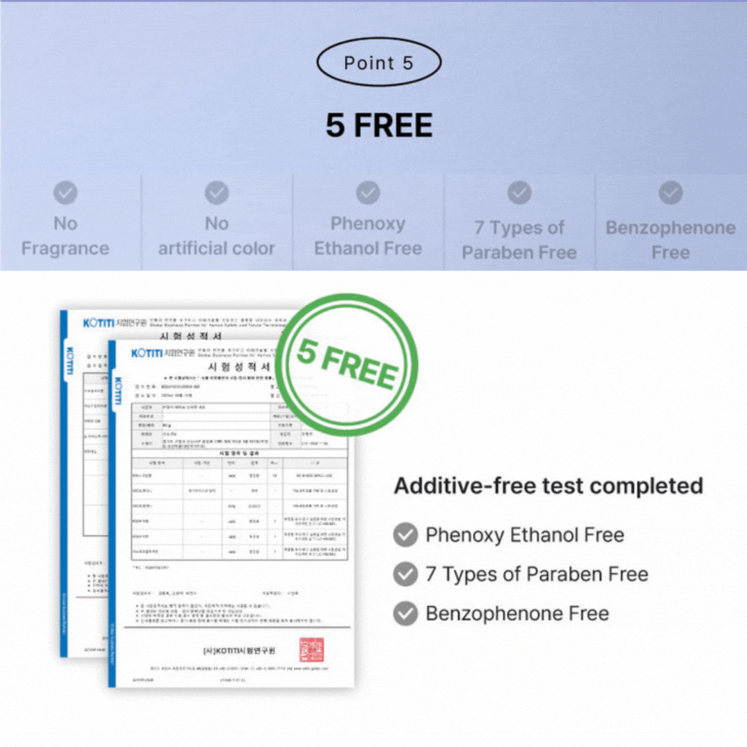 Point 5—5-Free additive-test completed: phenoxyethanol-free, 7 parabens-free, benzophenone-free; certificates.