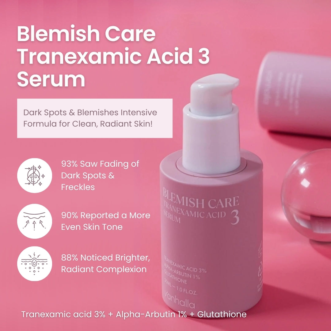 Vanhalla Blemish Care Tranexamic Acid 3 Serum bottle on pink; highlights dark-spot fading and even-tone benefits.