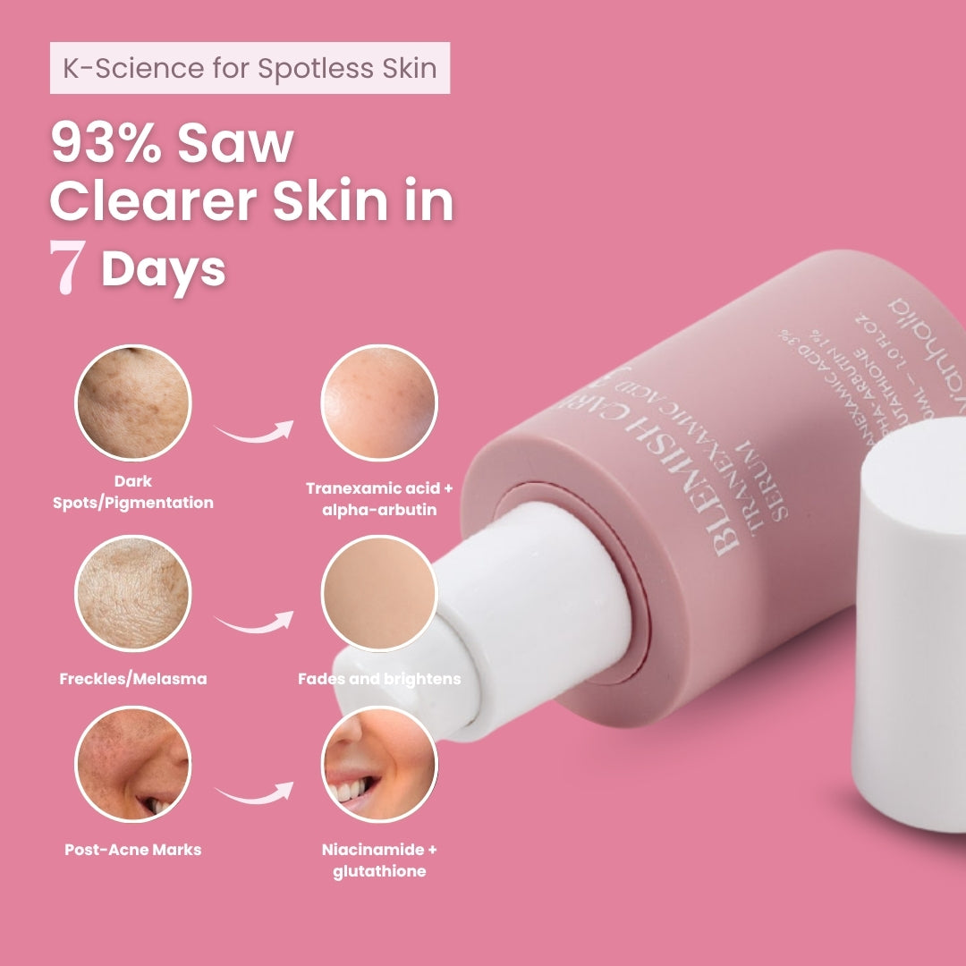 93% saw clearer skin in 7 days; dark spots, freckles and post-acne marks shown; bottle close-up