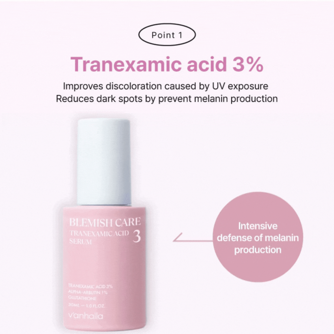 Point 1: Tranexamic acid 3% reduces dark spots from UV by limiting melanin; serum bottle