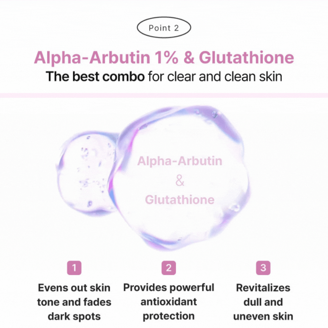 Point 2: Alpha-arbutin 1% + glutathione—evens tone, antioxidant protection, revives dull skin; texture graphic
