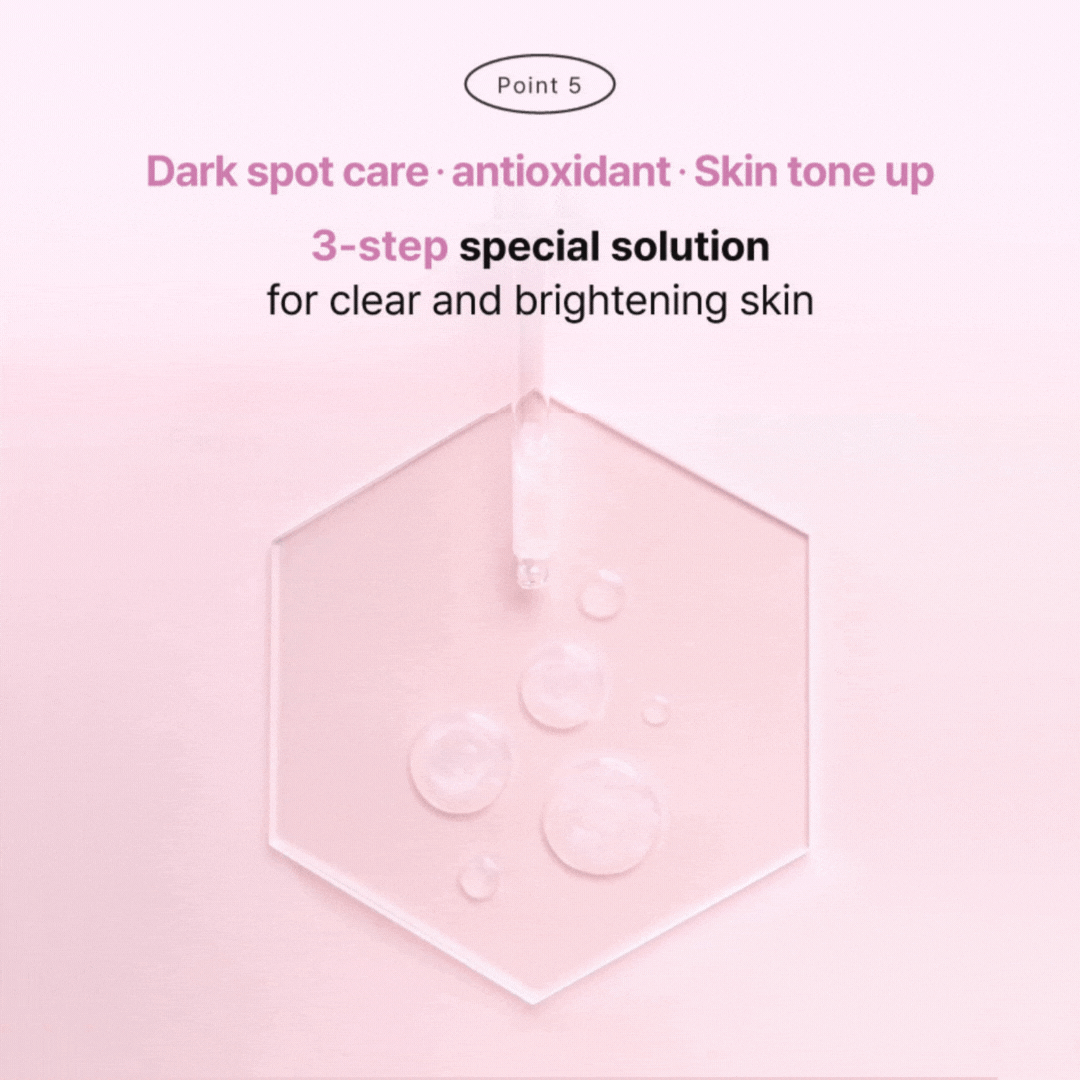 Point 5: 3-step brightening solution—dark-spot care, antioxidant, tone-up; dropper with clear serum droplets