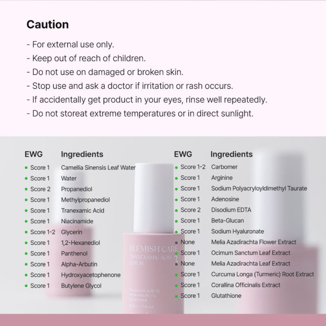 Caution panel and full ingredient list with EWG scores for Vanhalla Blemish Care Tranexamic Acid 3 Serum; bottle backdrop