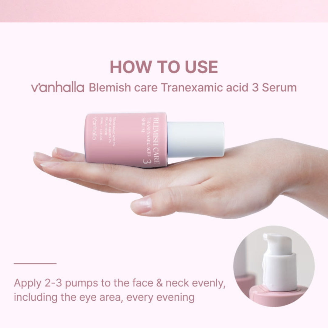 How to use: apply 2–3 pumps of Tranexamic Acid 3 Serum to face and neck, including eye area, each evening; bottle in hand.