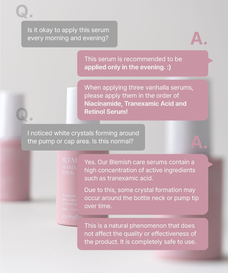 Q&A: use serum in the evening; order with niacinamide and retinol; note on harmless crystal formation around pump