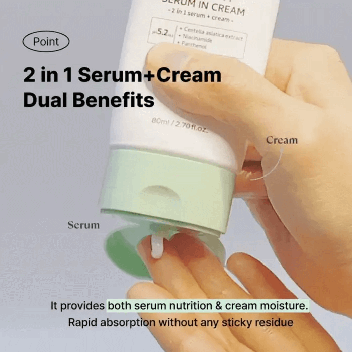 Two-in-one serum and cream product with a hand holding it, labeled '2 in 1 Serum + Cream Dual Benefits'.