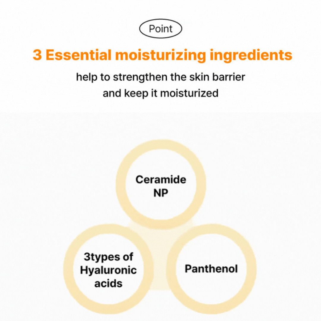 Key ingredients diagram—Ceramide NP, Panthenol, and 3HA for barrier support and moisture.