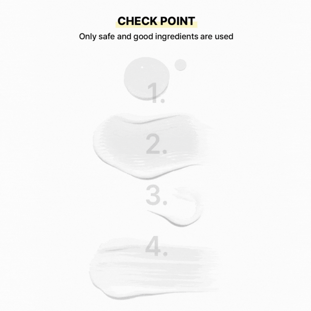 Check Point—only safe, good ingredients used; four clear texture swatches of the toner