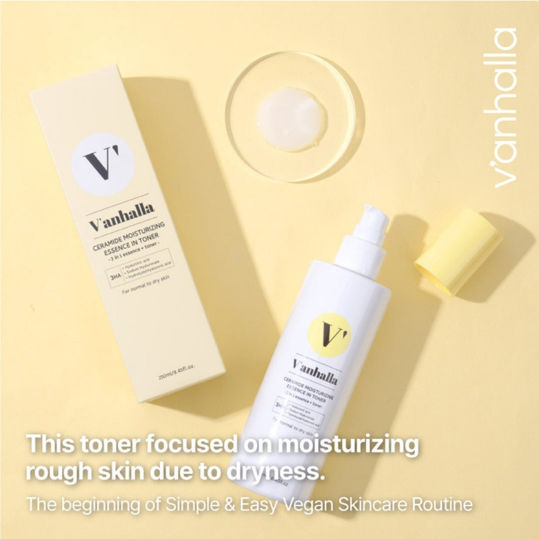 Vanhalla Ceramide Moisturizing Essence in Toner—hydrating vegan toner for dry, rough skin; bottle and box flat lay