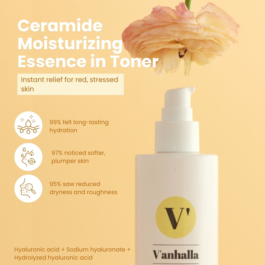 Ceramide Moisturizing Essence in Toner—long-lasting hydration, softer plumper skin, reduced dryness; bottle with flower.