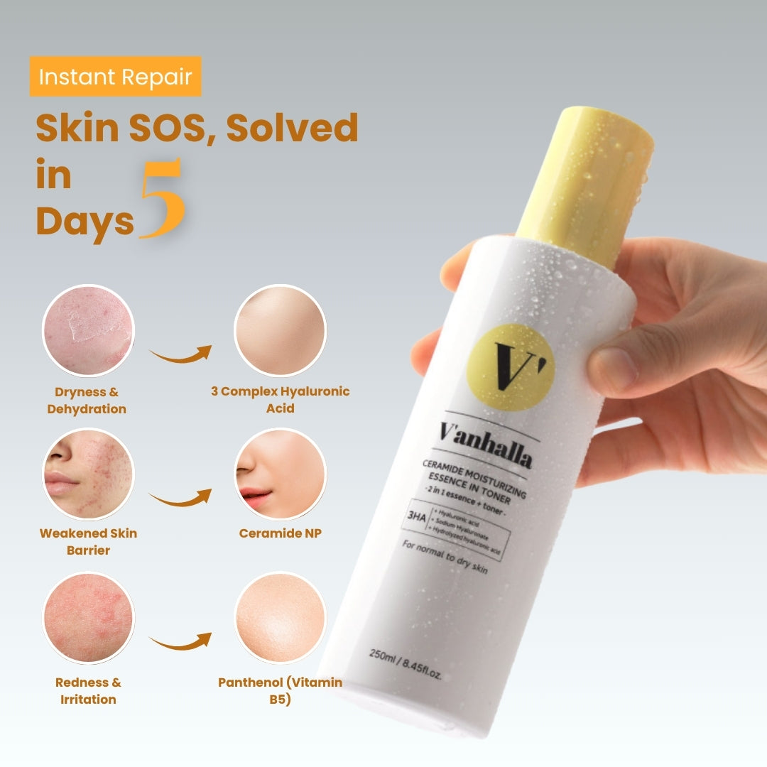 Hand holding Vanhalla Ceramide Moisturizing Essence in Toner; ‘Skin SOS solved in 5 days’ with ceramide NP, panthenol, 3HA.