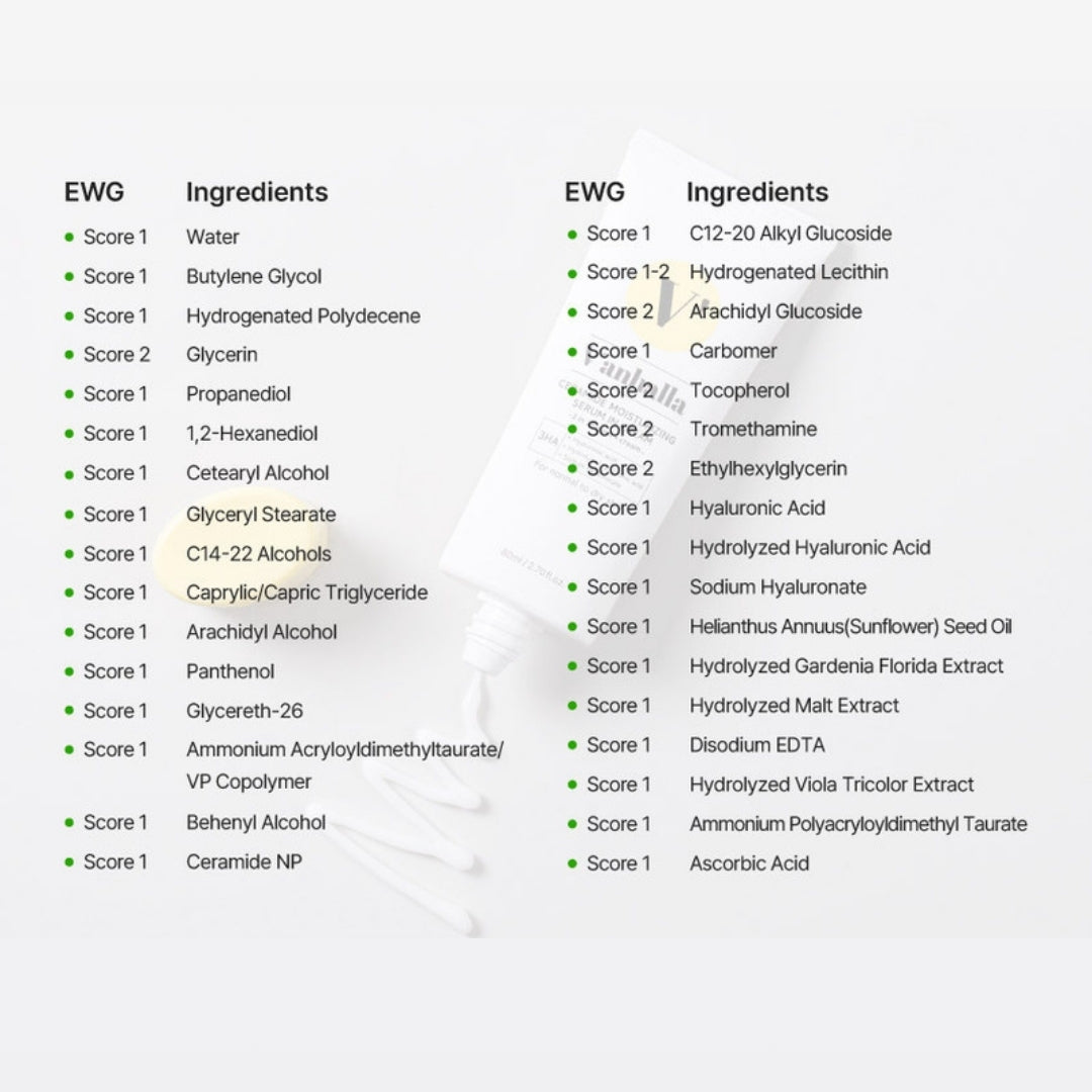 V’anhalla Ceramide Serum-in-Cream ingredients list – EWG safe, hyaluronic acid, ceramide, panthenol