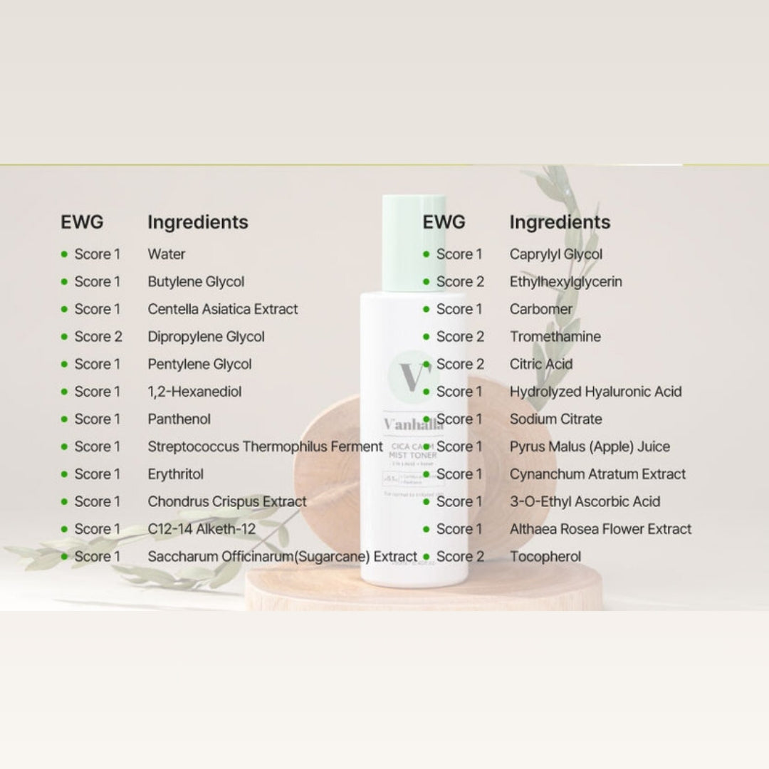 V’anhalla Mist Toner ingredient list – centella asiatica, hyaluronic acid, panthenol, apple extract