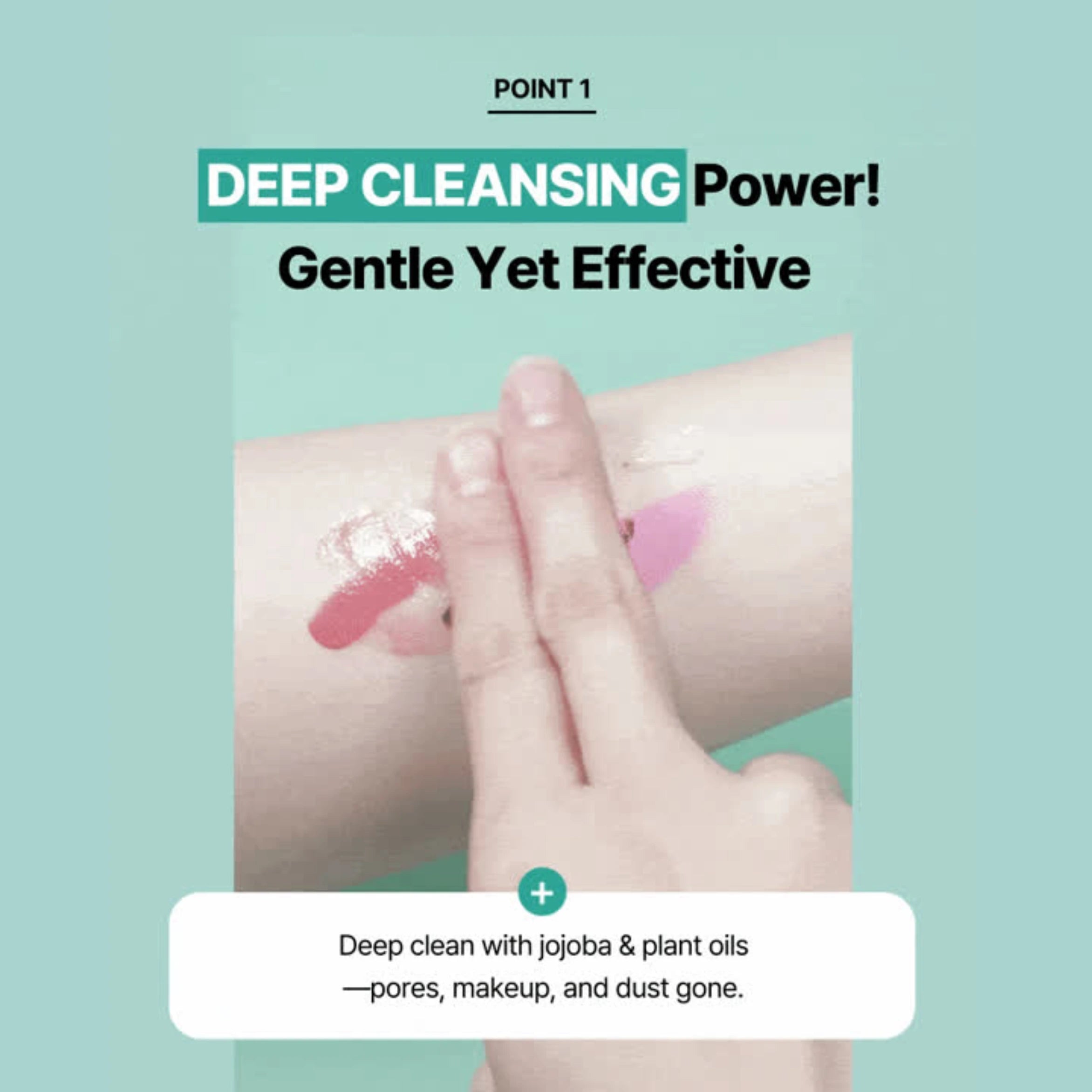 Hand applying pink skincare product to skin with text about deep cleansing.