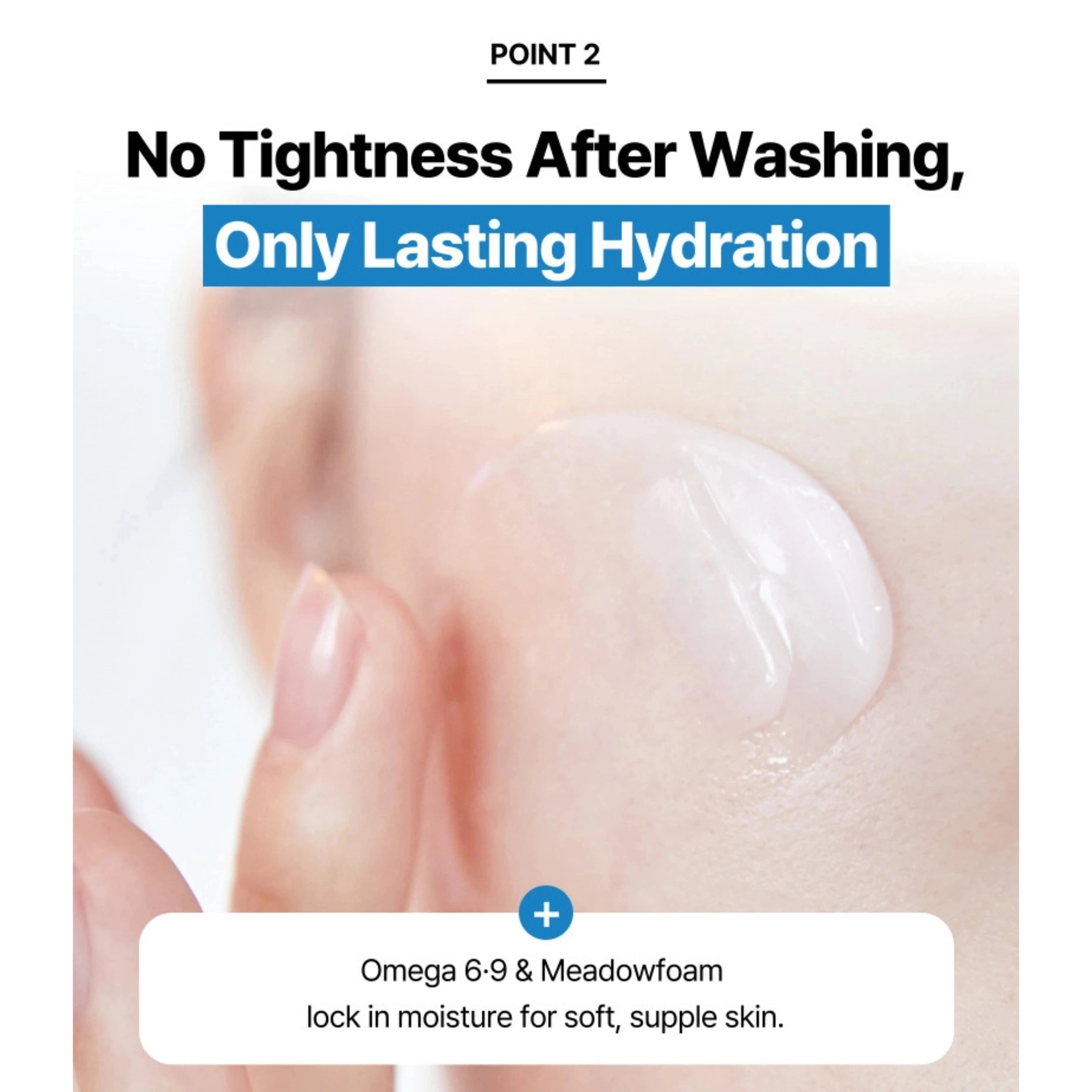 Product application on skin with text about hydration and ingredients.