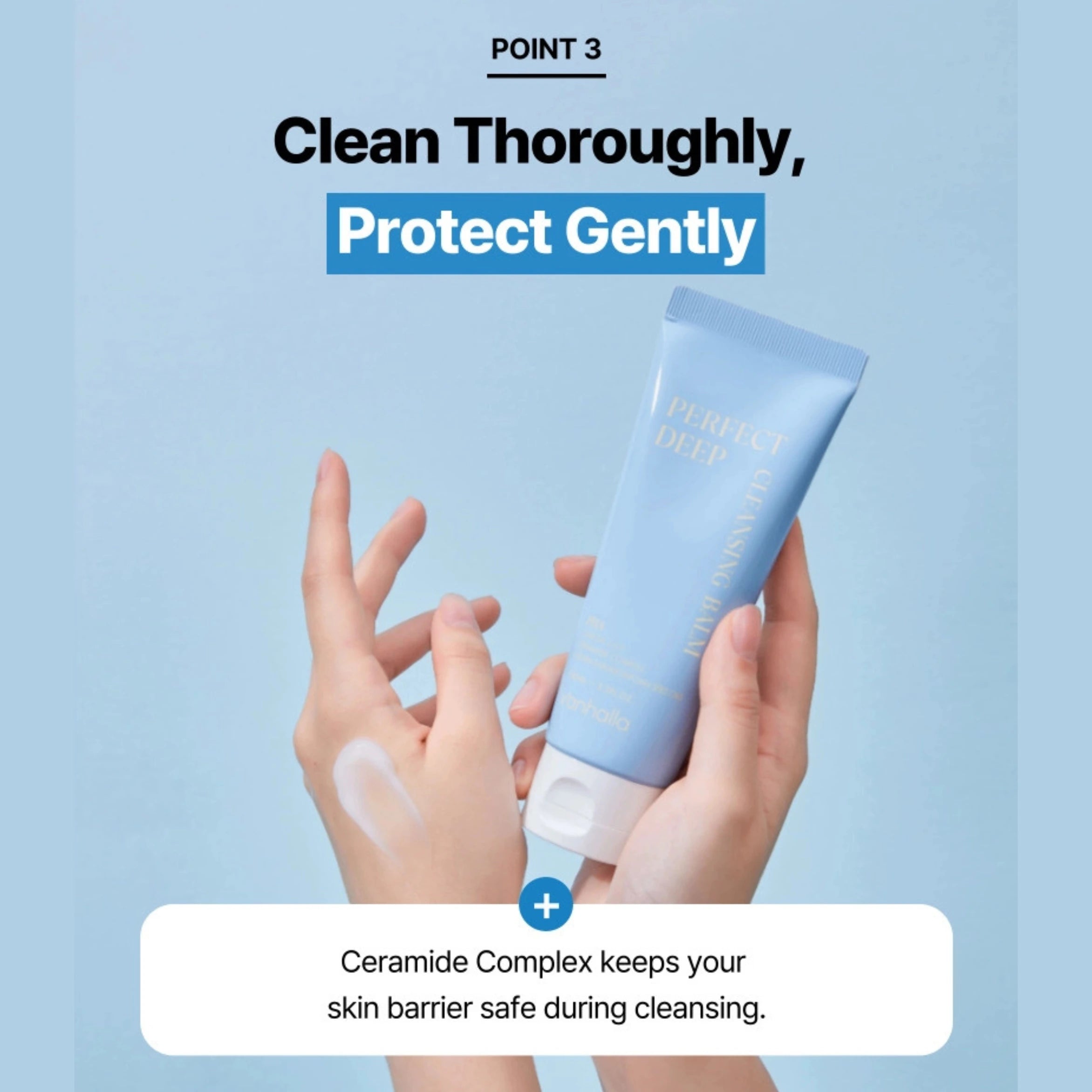 Hand holding a skincare product with text about cleaning and protecting skin.