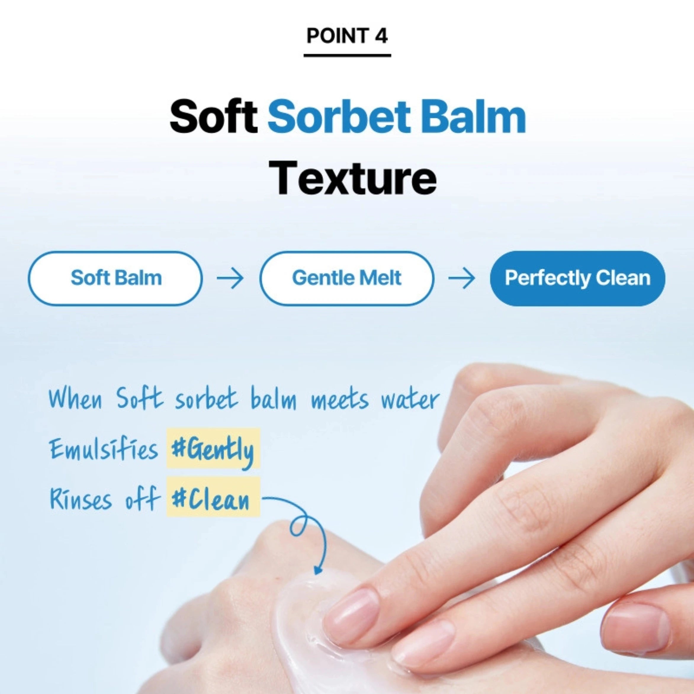 Advertisement for Soft Sorbet Balm with a hand applying the product on a light blue background.