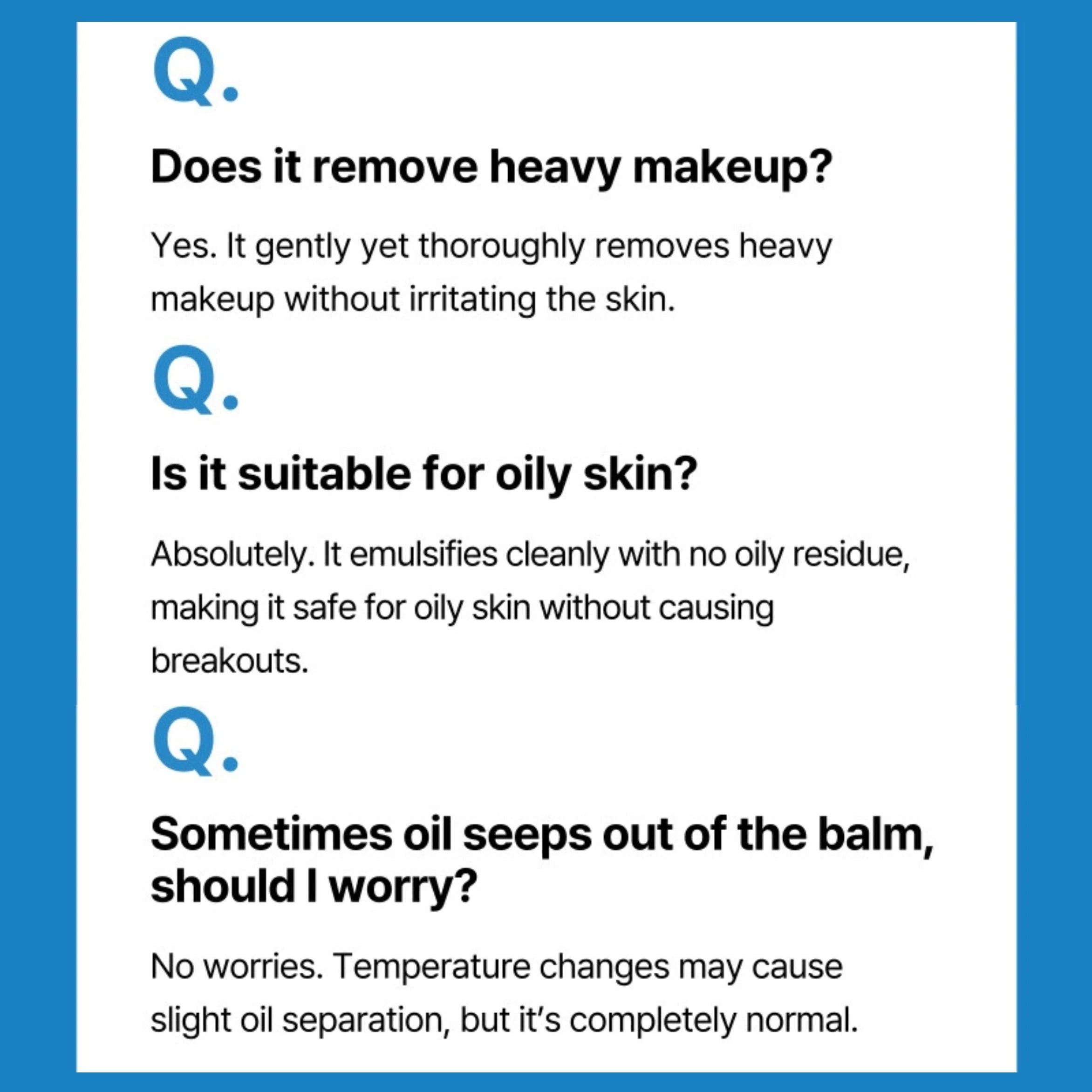 Product information card with questions and answers about makeup removal and skin compatibility on a blue background.