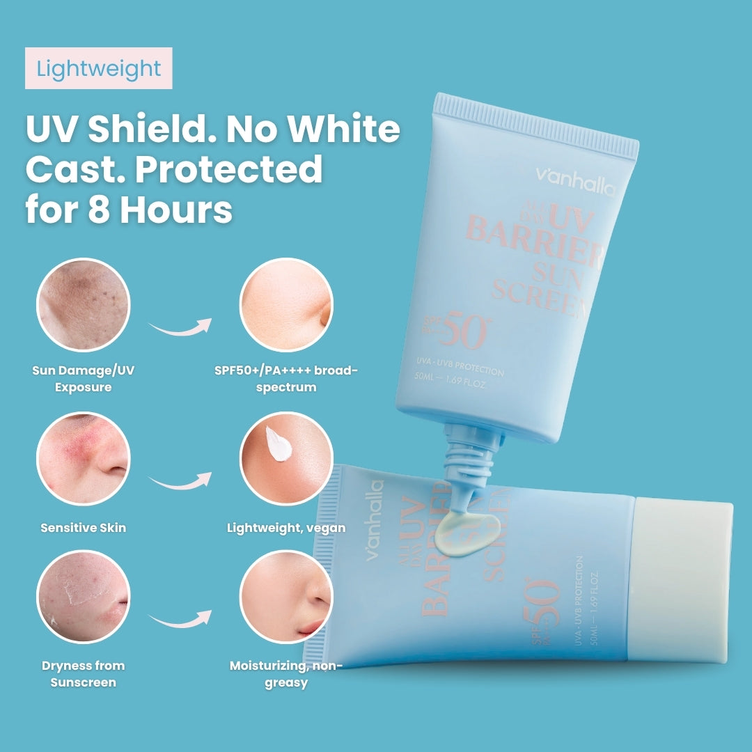 UV shield graphic—SPF50+/PA++++ broad-spectrum; lightweight vegan formula, moisturizing and non-greasy.