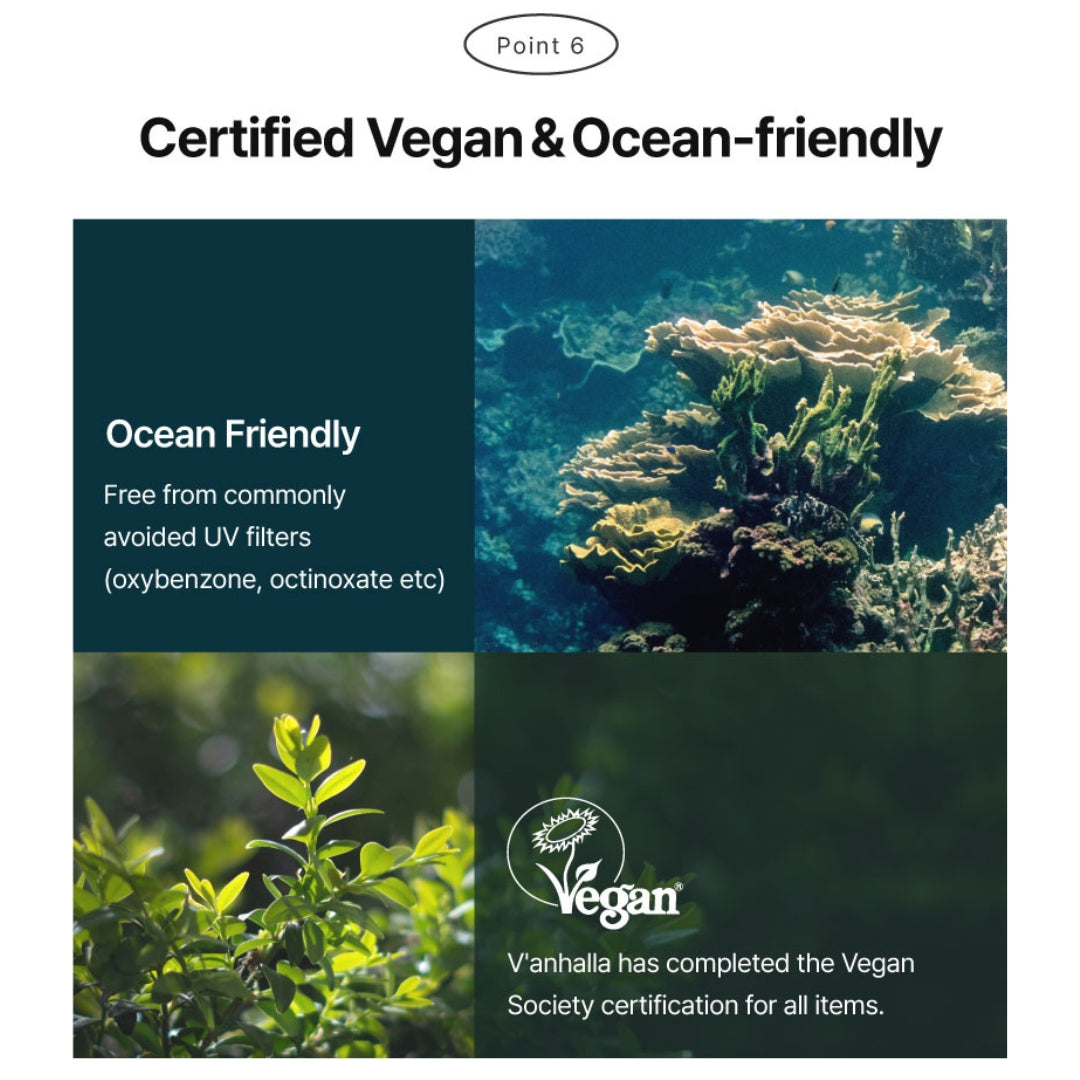 Certified vegan & ocean-friendly—free from oxybenzone and octinoxate; Vegan Society certification with reef and greenery