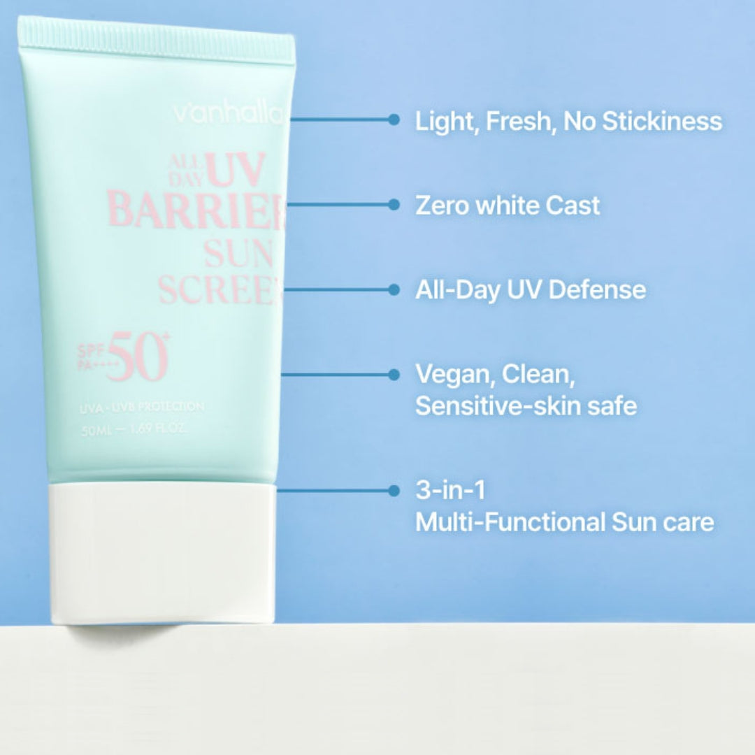 Vanhalla All Day UV Barrier Sunscreen—light, non-sticky, zero white cast, all-day UV defense, vegan 3-in-1 care.