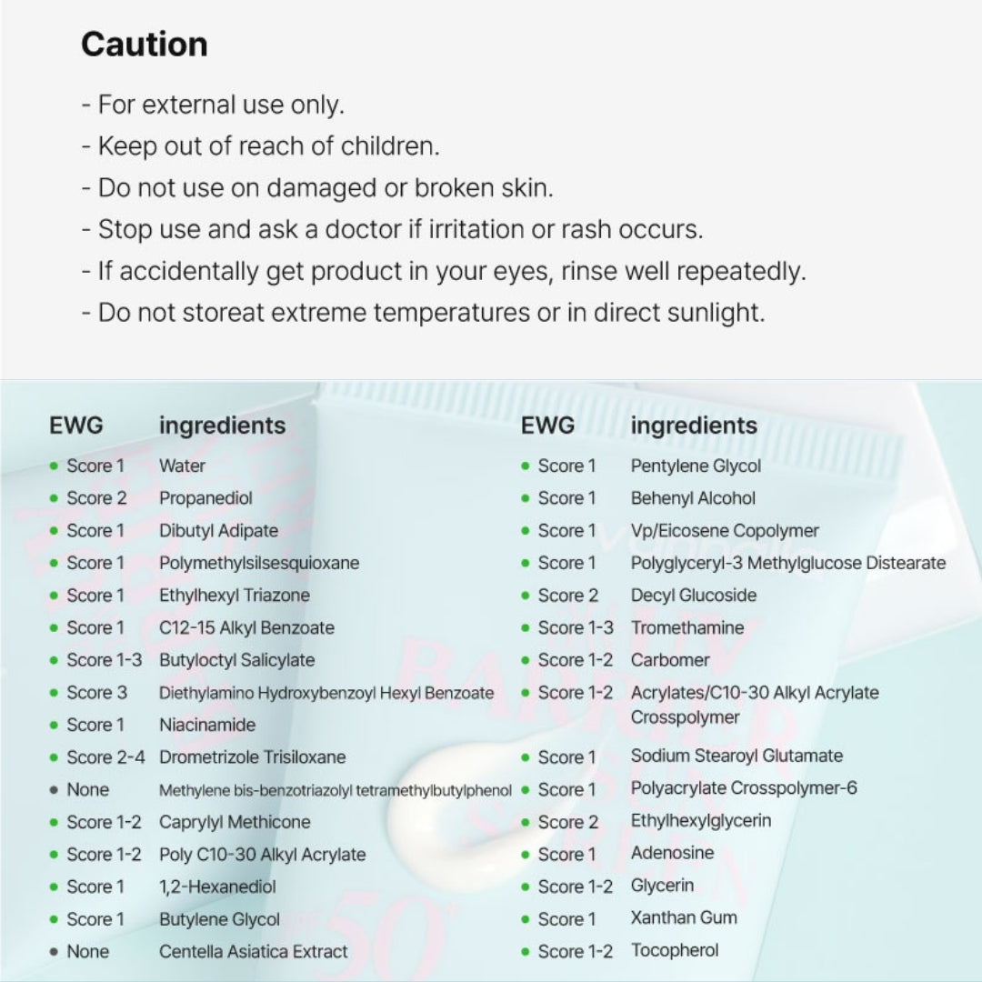 All Day UV Barrier Sunscreen—caution panel and complete ingredient list with EWG safety scores.