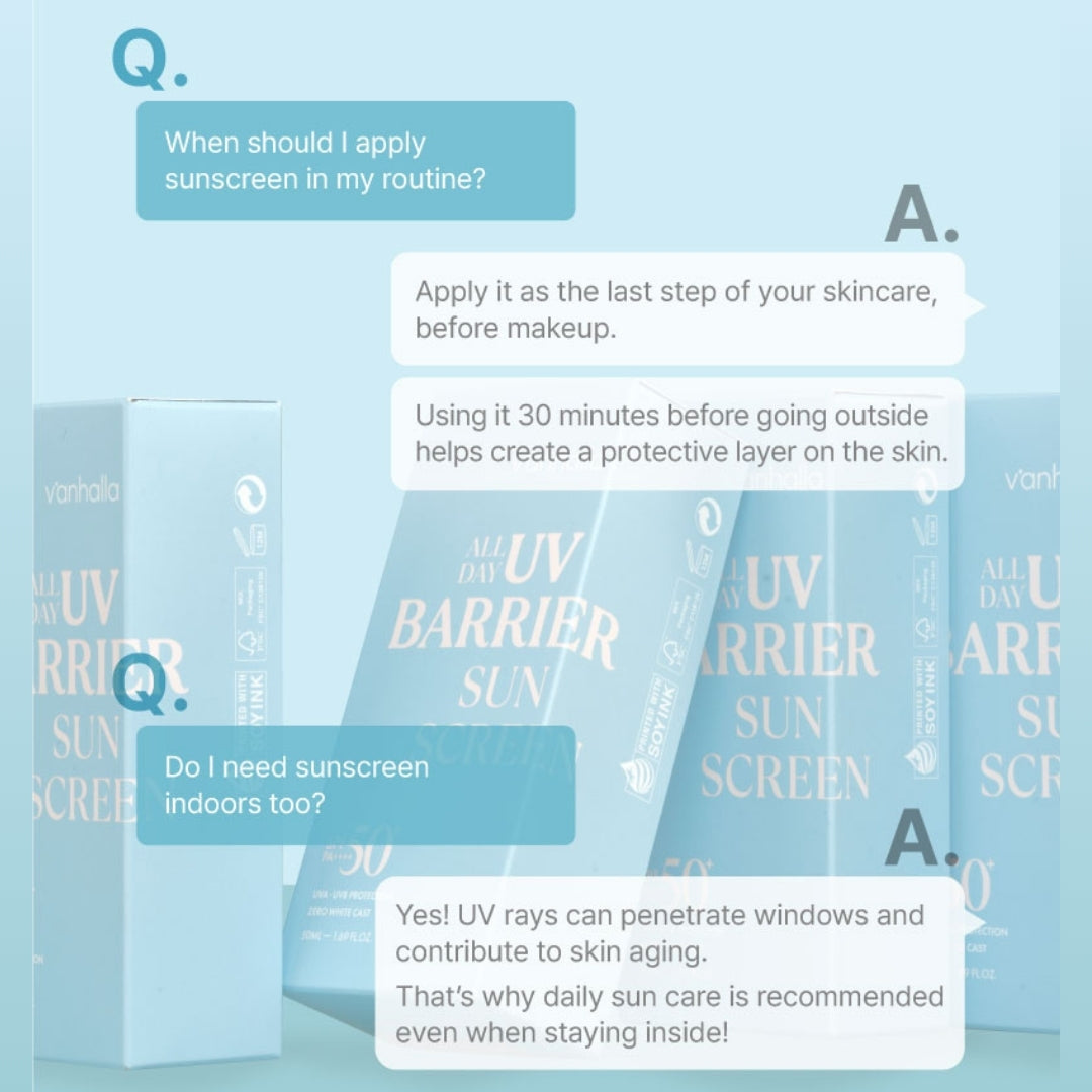 Sunscreen Q&A—apply as final skincare step before makeup; use 30 minutes before going out and even when indoors
