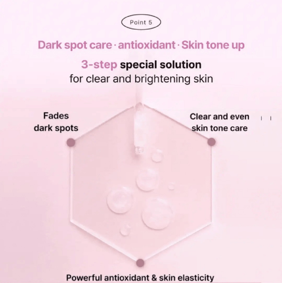 Product packaging with text on dark spot care, antioxidant, and skin tone improvement on a pink background.