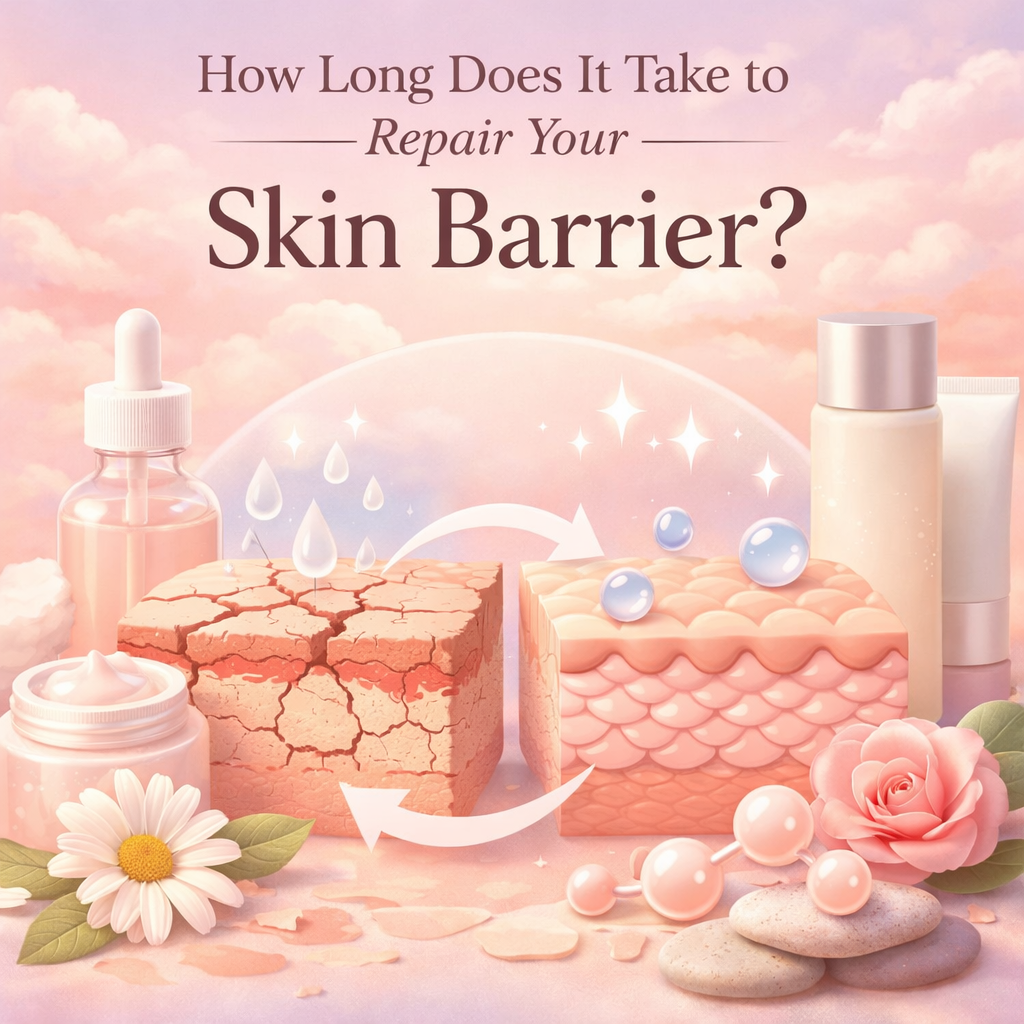 Skin barrier repair timeline illustration showing damaged skin becoming healthy with hydration and ceramides