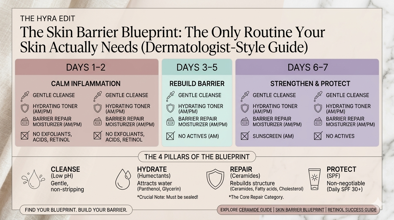 The Skin Barrier Blueprint: 4-Step Routine for Damaged Skin Repair — showing a 7-day plan with 4 pillars: Cleanse, Hydrate, Repair, and Protect