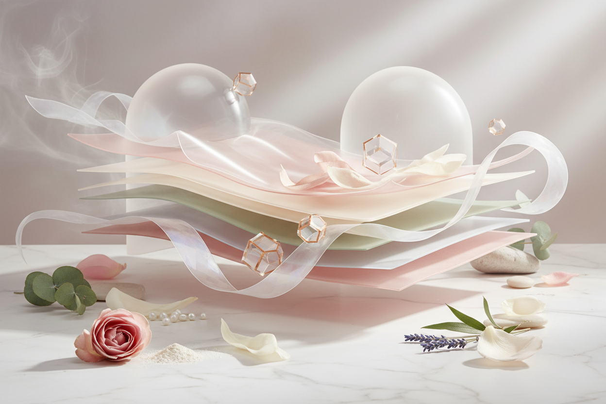 Abstract pastel skincare composition representing skin barrier protection from environmental stress - ceramides and retinol layering for UV, pollution, and seasonal defense