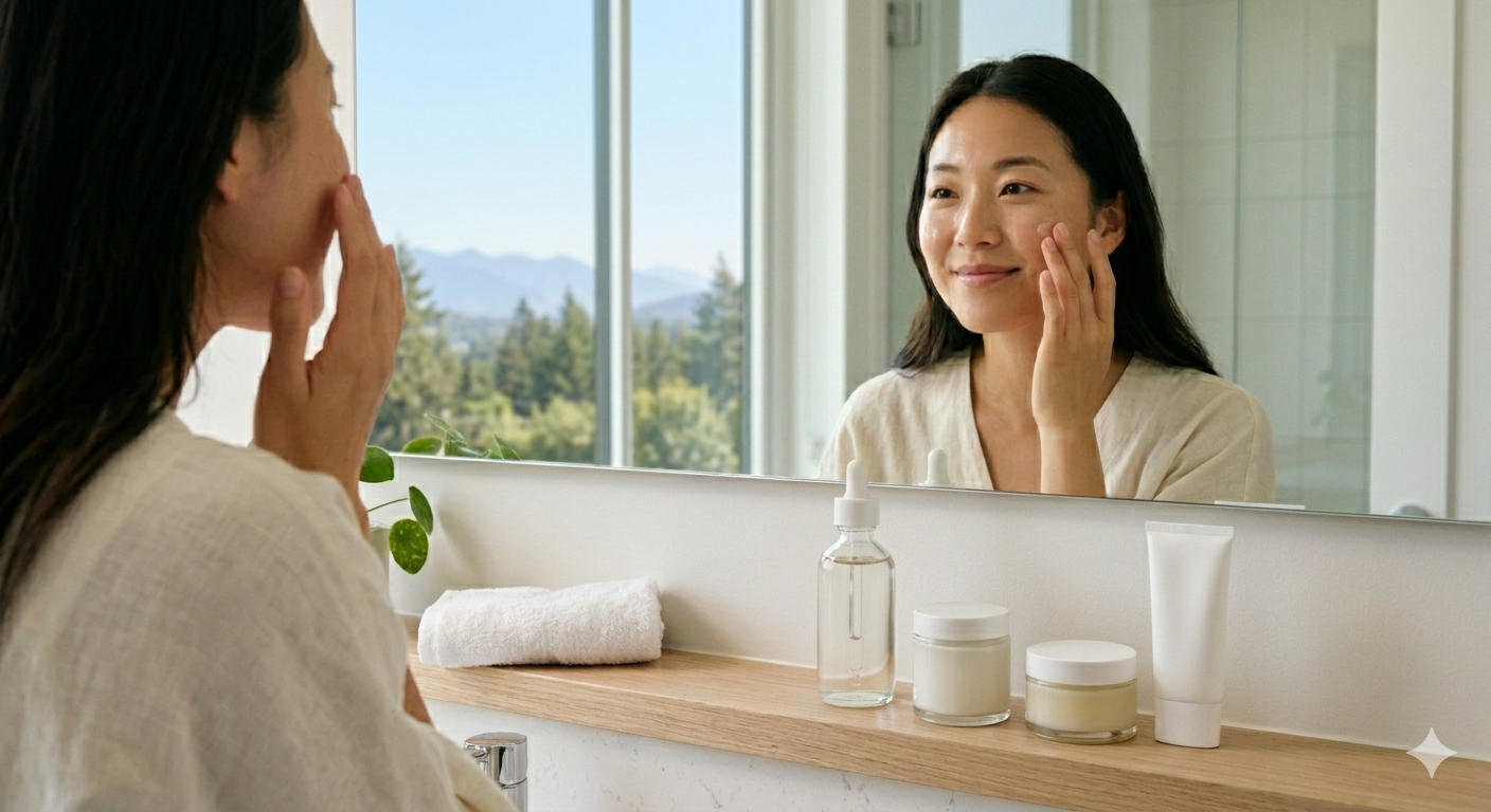 A woman with radiant Bloom Skin applying a ceramide-rich skincare routine in a bright bathroom.