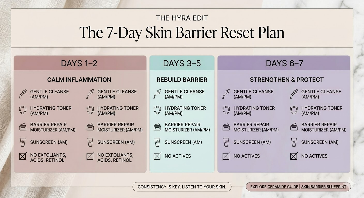 The Hyra Edit 7-Day Skin Barrier Reset Plan infographic showing a 3-phase routine: Calm Inflammation (Days 1–2), Rebuild Barrier (Days 3–5), and Strengthen & Protect (Days 6–7)