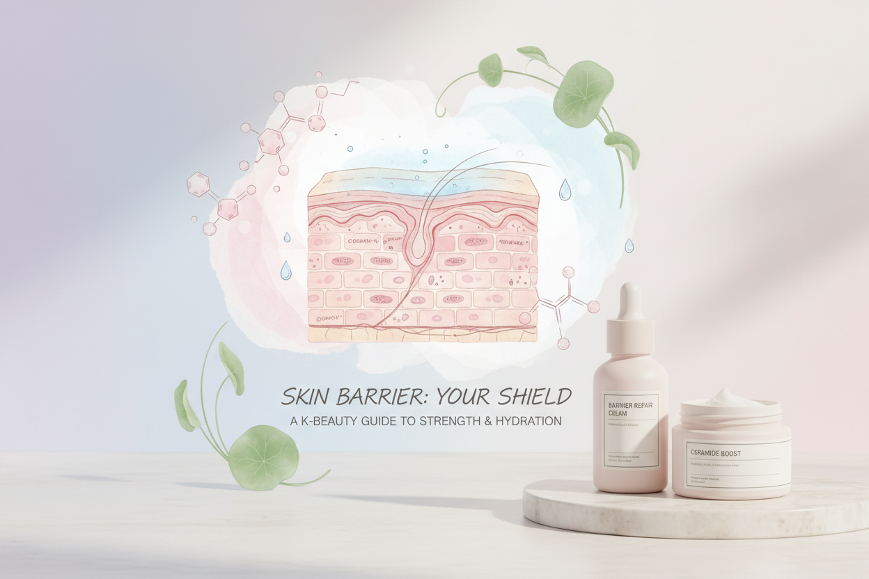 Skin barrier repair guide showing ceramide molecules and healthy skin layers in Korean skincare aesthetic